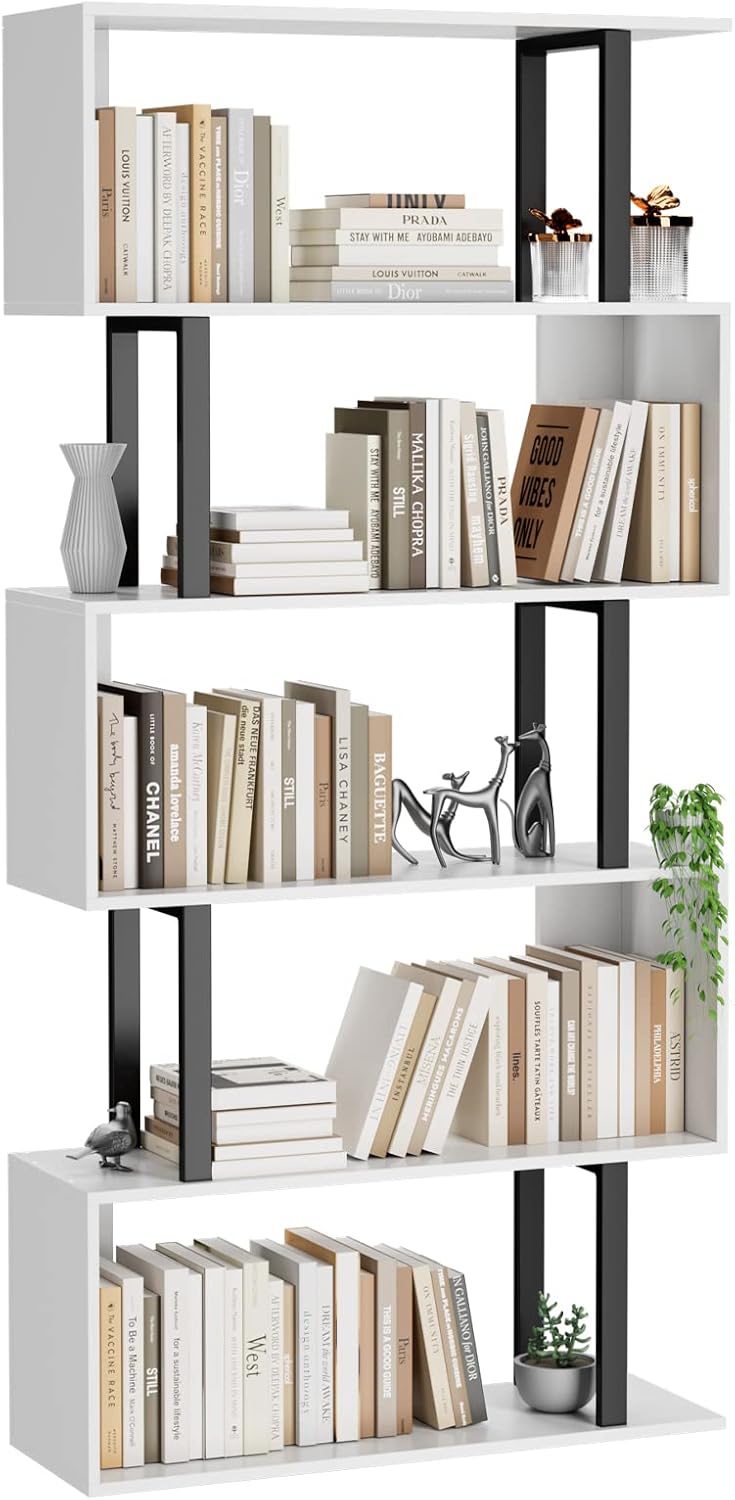 Gadroad 5 Tier Geometric Bookcase,S Shaped Bookshelf, Wood Decorative Storage Shelving, Modern Freestanding Display Shelves, Tall Book Shelf Unit for Living Room Bedroom, White