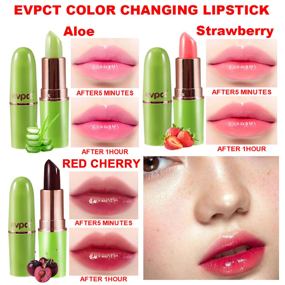 evpct 3Pcs Magic Color Changing Lipstick Long Lasting Waterproof 24 Hours Original for Women, Aloe Vera Strawberry Black Red Cherry PH Mood Permanent Color Changing Lipstick Lip Balm, labial magico - Image 3