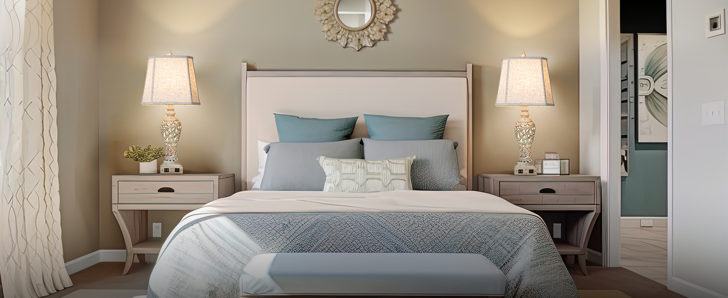 vintage table lamp set of 2 for bedroom with nightlight and USB ports