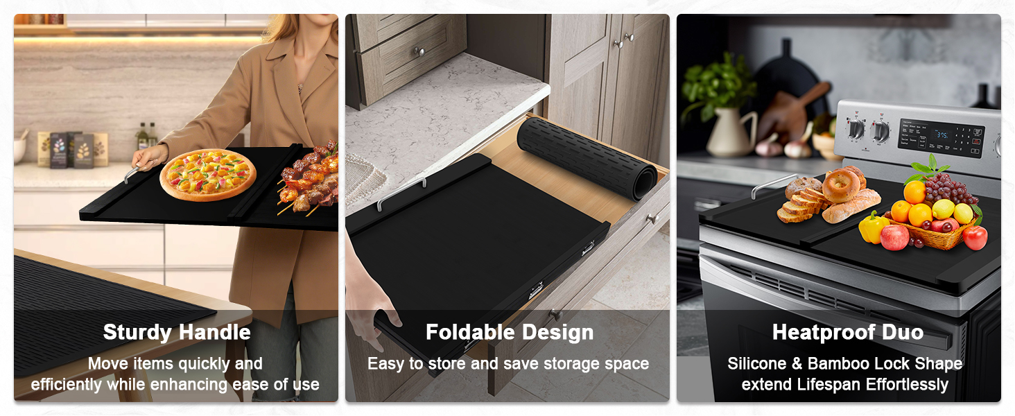 Stove Cover with Handles & Silicone Flat Range Mat Set for Glass Cooktop Electric Gas Stove Top