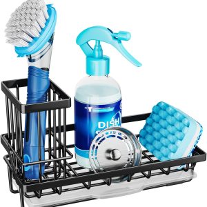 Consumest Sponge Holder for Kitchen Sink - Kitchen Sink Caddy Organizer with Removable Drip Tray for Countertop Dish Soap Dispenser Brush Storage Accessories 304 Stainless Steel - Black