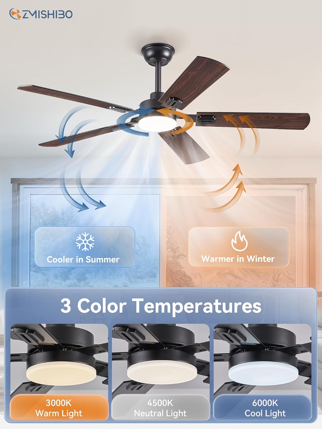 ZMISHIBO 52" Ceiling Fans with Lights, Black Modern Ceiling Fan with Remote, Farmhouse Indoor Ceiling Fan with Dual Finish Blades, Quiet & Strong Motor, Bright LED Light. - Image 6