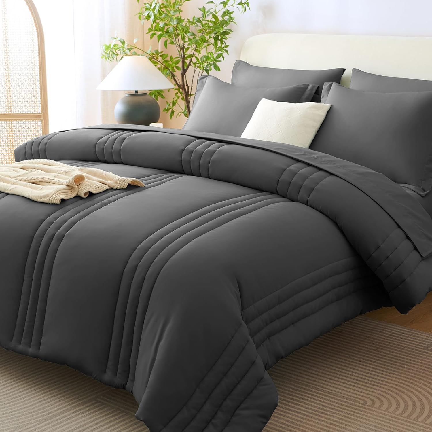CozyLux Full Size Comforter Sets – 7 Piece Bed in a Bag Dark Grey Comforter Set with Sheets Bed Set All Seasons, Soft Bedding Set with Down Alternative Comforter, Sheets, Pillowcases & Shams