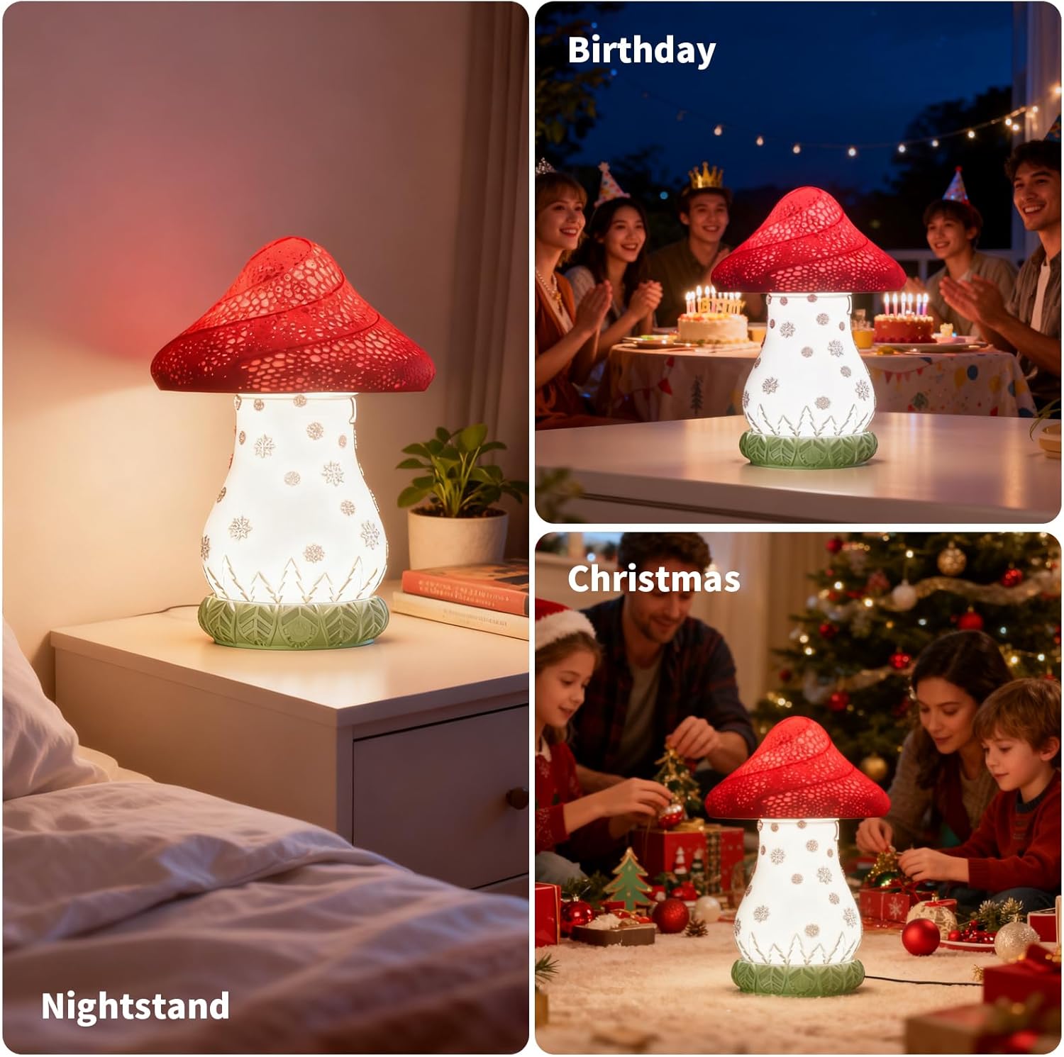 Mushroom Table Lamp for Christmas, Rotatable Lampshade Battery Operated Lamp with USB C Charging & Touch Control, 3 Color Temperatures Bedside Lamp for Bedroom, Living Room, Night Stand - Image 5