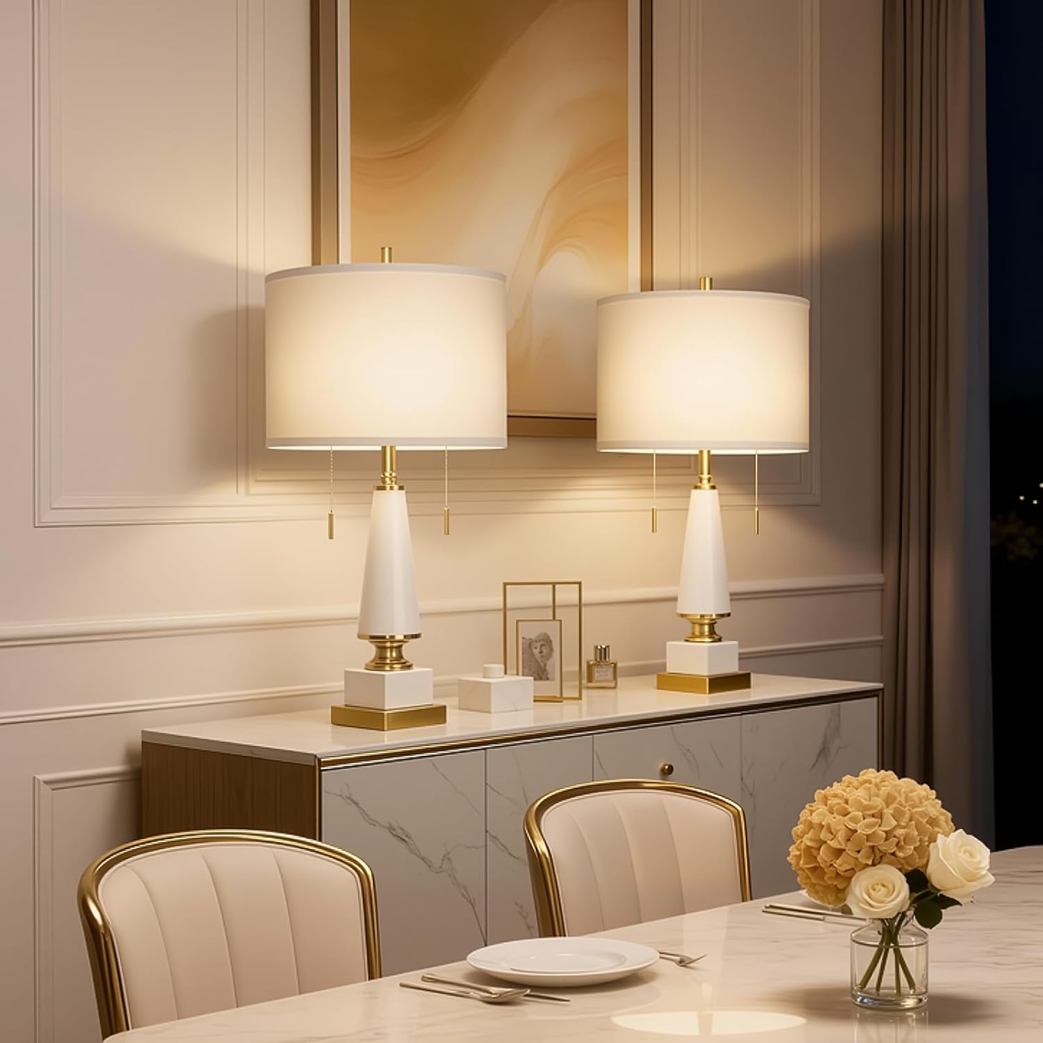 26" Bedside Table Lamps Set of 2, Ceramic Lamps for Living Room Nightstand with USB A+C Ports, Pull Chains Dual Switch, Modern Lamps with Linen Shade for Bedroom Office Home (Bulb Included) - Image 5