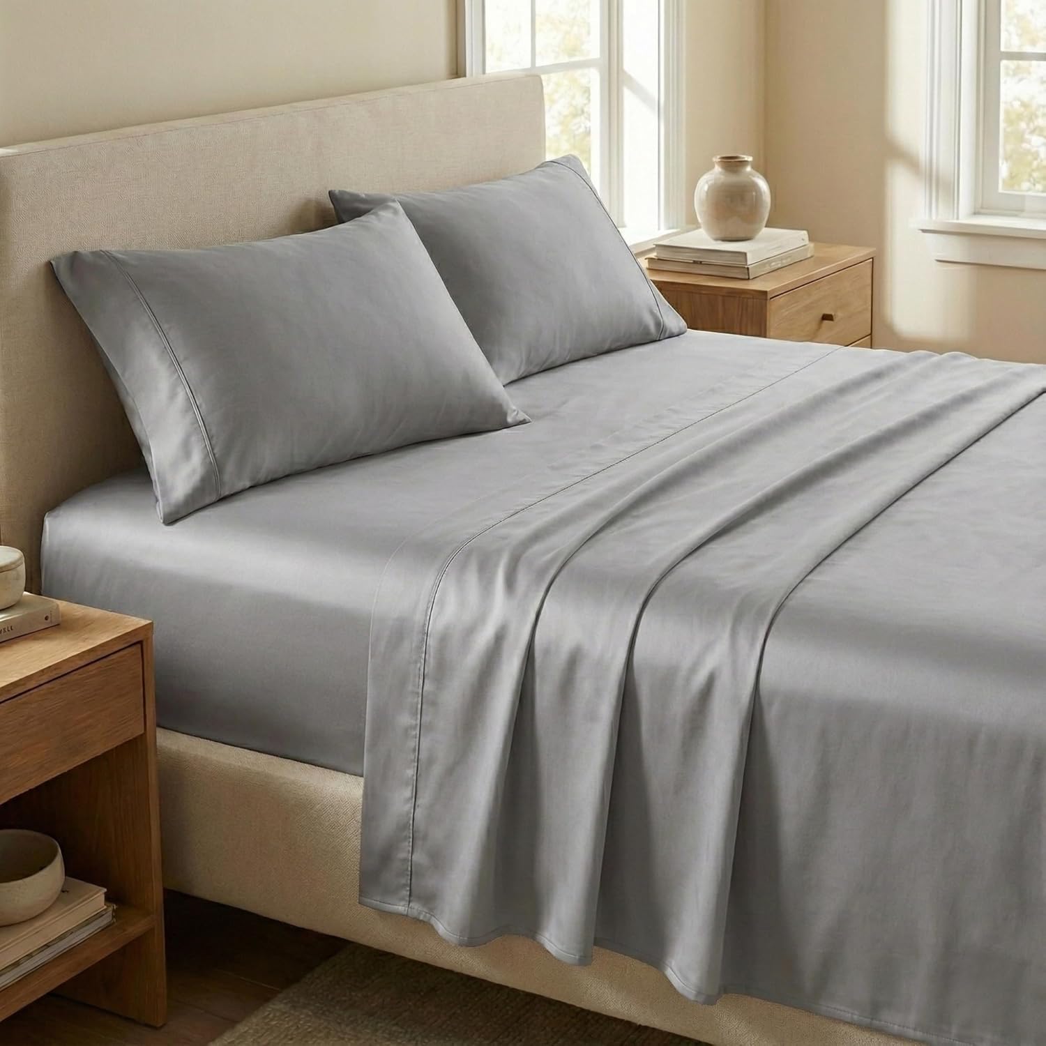 Beckham Hotel Collection King Sheet Set 100% Cotton, 500TC Luxury Sateen Bedding, 16” Deep Pocket, Moisture-Wicking, 4-Piece, Dark Gray