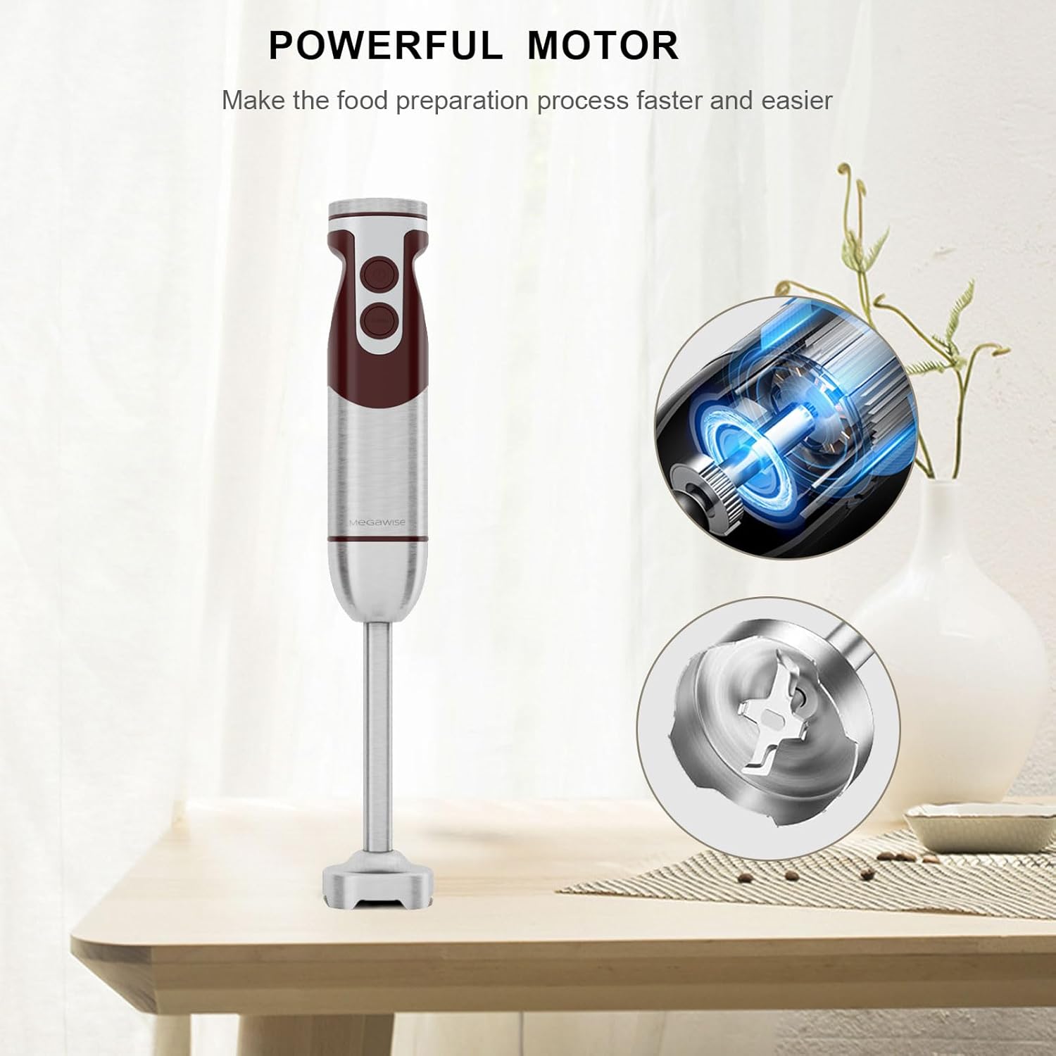 MegaWise 5-in-1 Immersion Hand Blender Set with Variable Speed, 400W, Stainless Steel - Includes Chopper, Whisk, Milk Frother, and Beaker - Ideal for Soups, Smoothies, Baby Food & More (RED) - Image 3