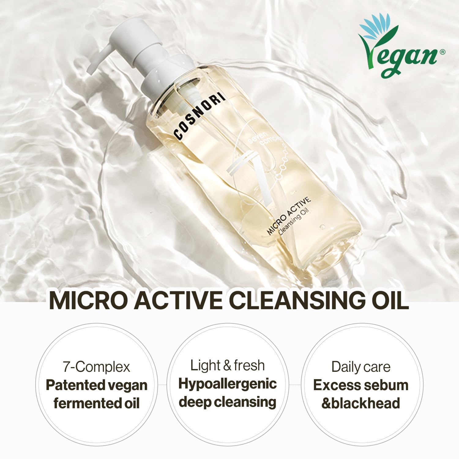COSNORI 7-Complex Micro Active Cleansing Oil – Korean Vegan Facial Cleansing Oil, Fresh and Light Finish – Gentle Makeup Remover for Face, Hypoallergic, Fermented 7-Oil Complexes, 6.7 fl.oz. - Image 2