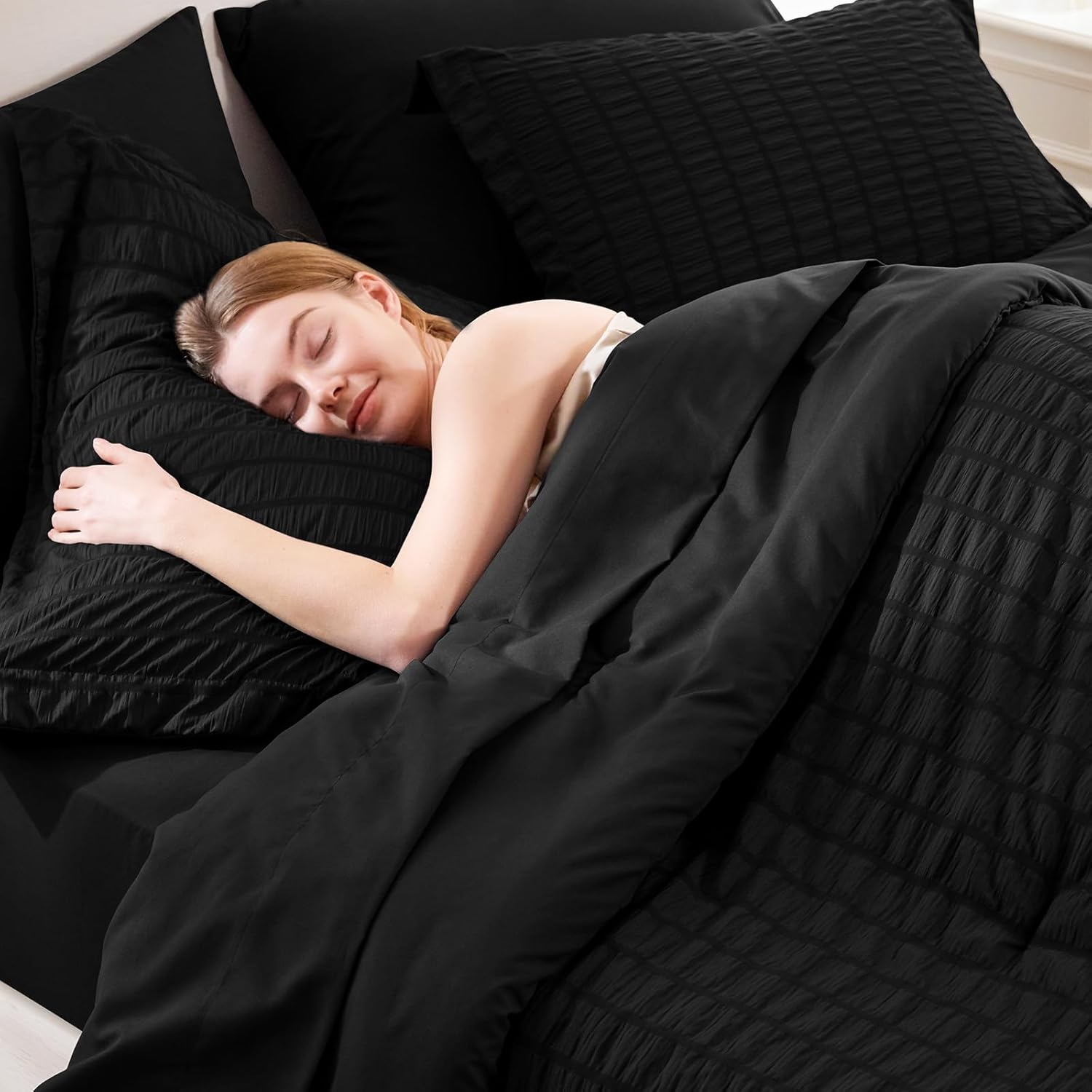 CozyLux Queen Comforter Set Black Seersucker 7 Pieces Bed in a Bag Queen Comforter Set with Sheets, Luxury Soft Bedding Set with Down Alternative Comforter, Sheets, Pillowcases & Shams for All Seasons - Image 5