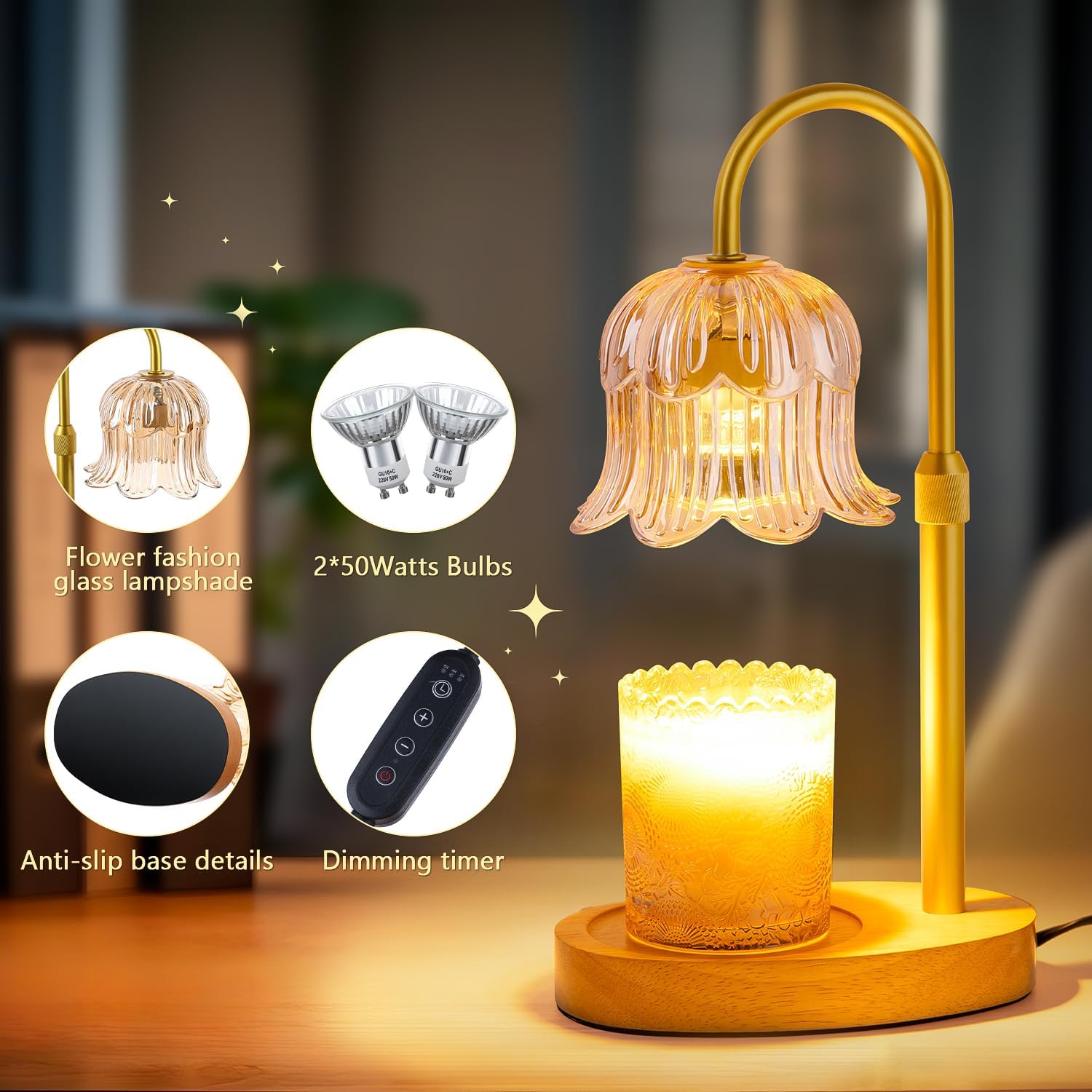 Candle Warmer Lamp Electric Timer - Candles Warming Light Height Adjustable Dimmable Warmers Flower Lamps No Flame Heat Warm Melt Wax Jar Modern Home Decor Table Lights for Home Living Bedroom - Image 2
