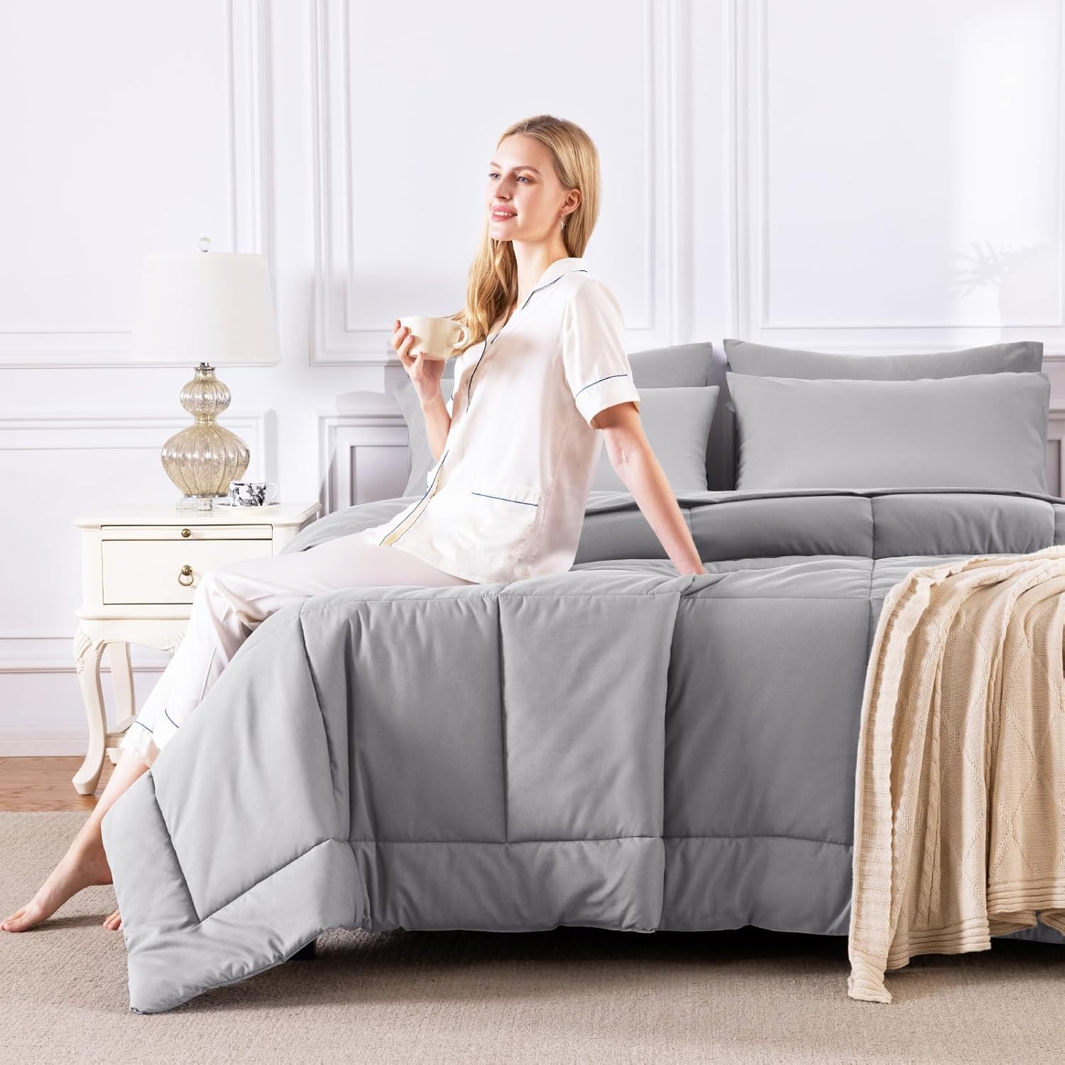 CozyLux Queen Comforter Set Grey, 7 Pieces Bed in a Bag, Gray Comforter Queen Size, All Season Bedding Sets with Stitch Quilted Comforter, Flat Sheet, Fitted Sheet, Pillowcases - Image 7