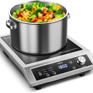 Induction Cooktop Commercial, 1800W Electric Stove with 18/10 Stainless Steel, 4 Hours Timer, 6 Preset Functions, 8 Temp/Power Levels, Portable Countertop Burner for RV Home Kitchen