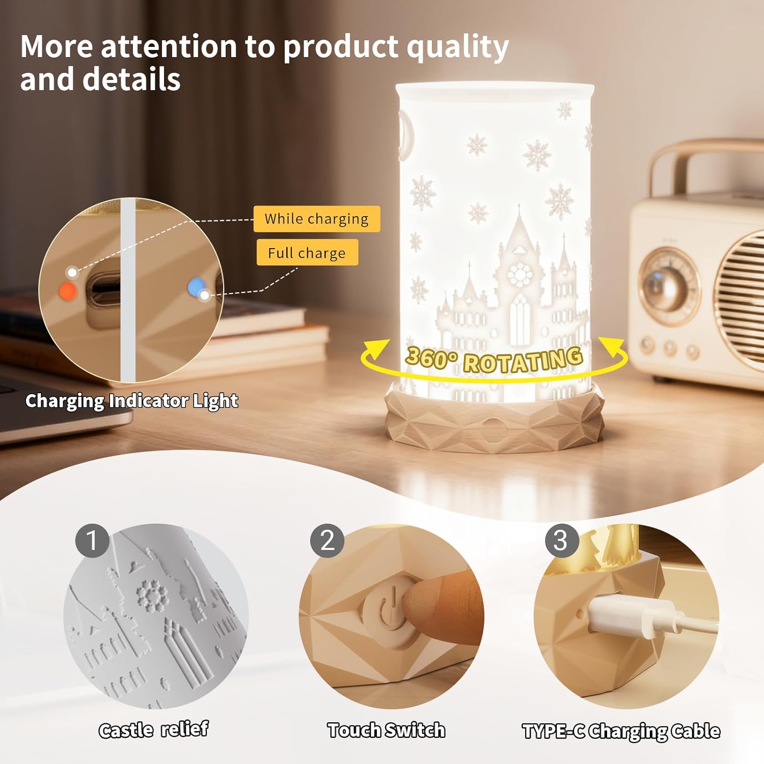 Indoor Battery Operated Table Lamp, 1500mAh Rechargeable Bedside Lamp 3 Color Temperatures with Rotatable Lampshade, USB C Charging Touch Control Nightstand Lamp for Bedroom, Dinning Room, Dorm - Image 4