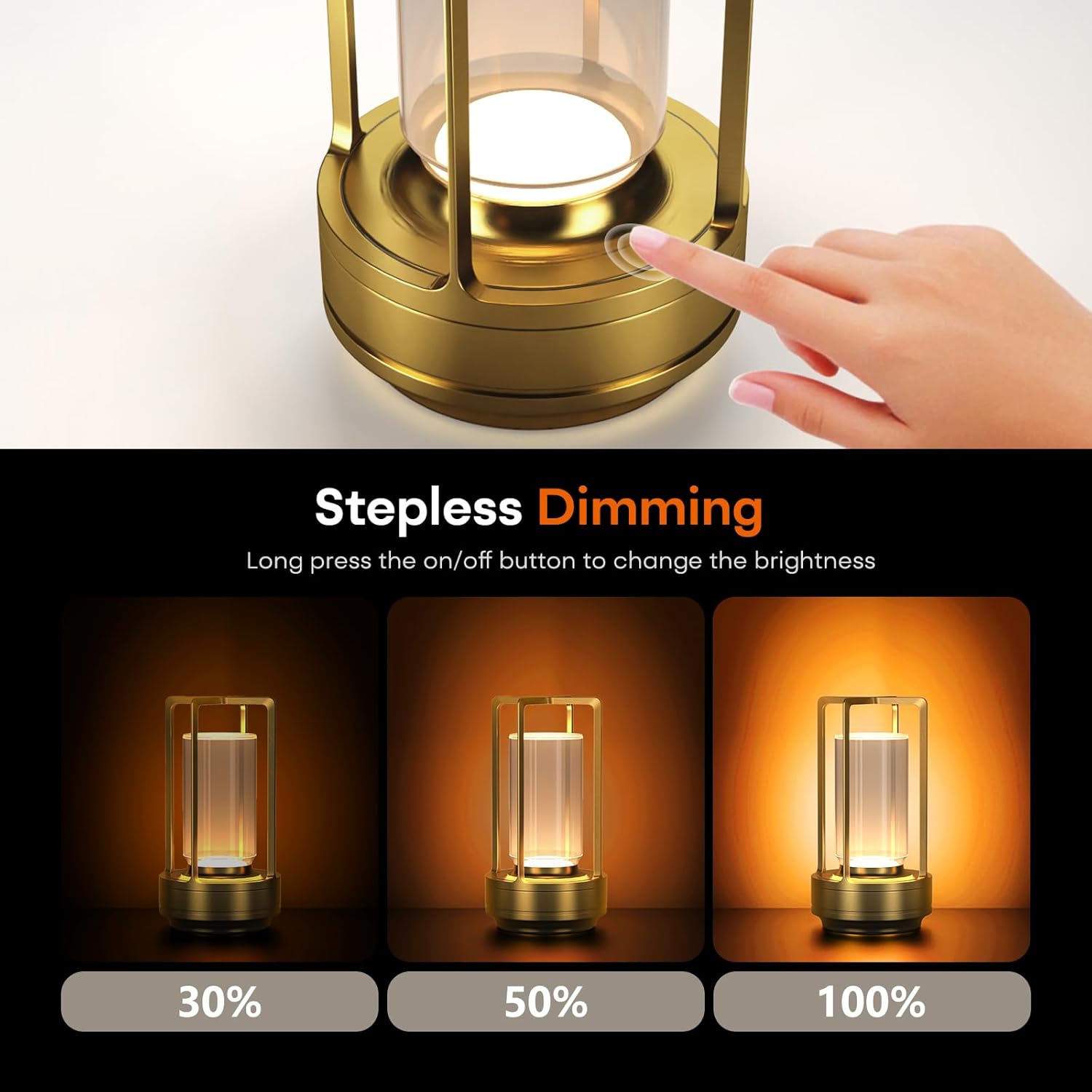 Portable Metal Table Lamp for Indoor/Outdoor ,Rechargeable Cordless LED Lamp, 3-Colour Infinitely Dimming Battery Powered Small Desk Lamp, Restaurant/Bedroom/Bar/Coffee/Camping Light (Gold Set of 2) - Image 5