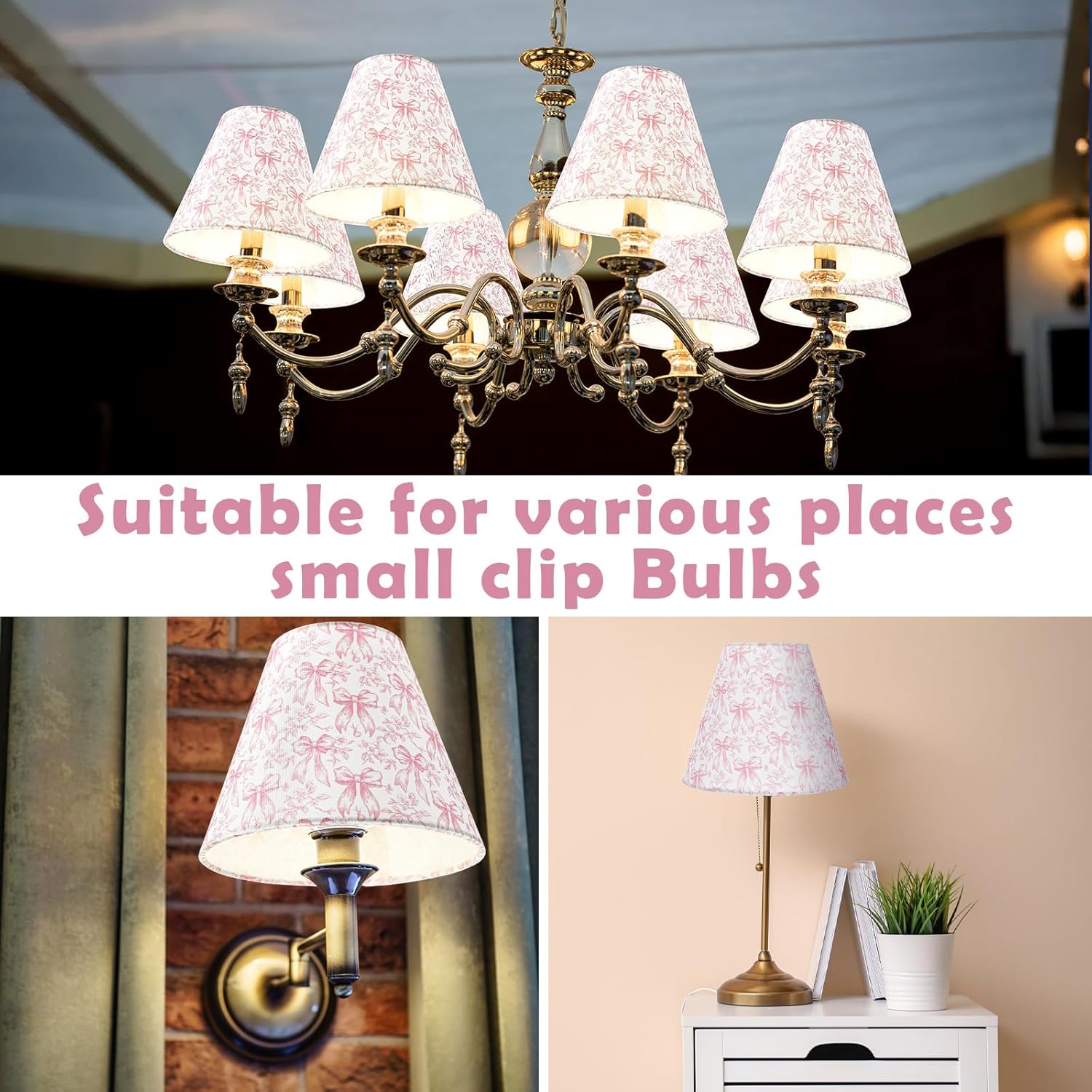 VIHOSE 6 Pcs Small Lampshade 3" Top x 6" Bottom x 5" High Vintage Pink Toile Coquette Chandelier Pink Bow Chinoiserie Lamp Shade Clip Bulbs Chimney Cover for Table Floor Lamps - Image 5