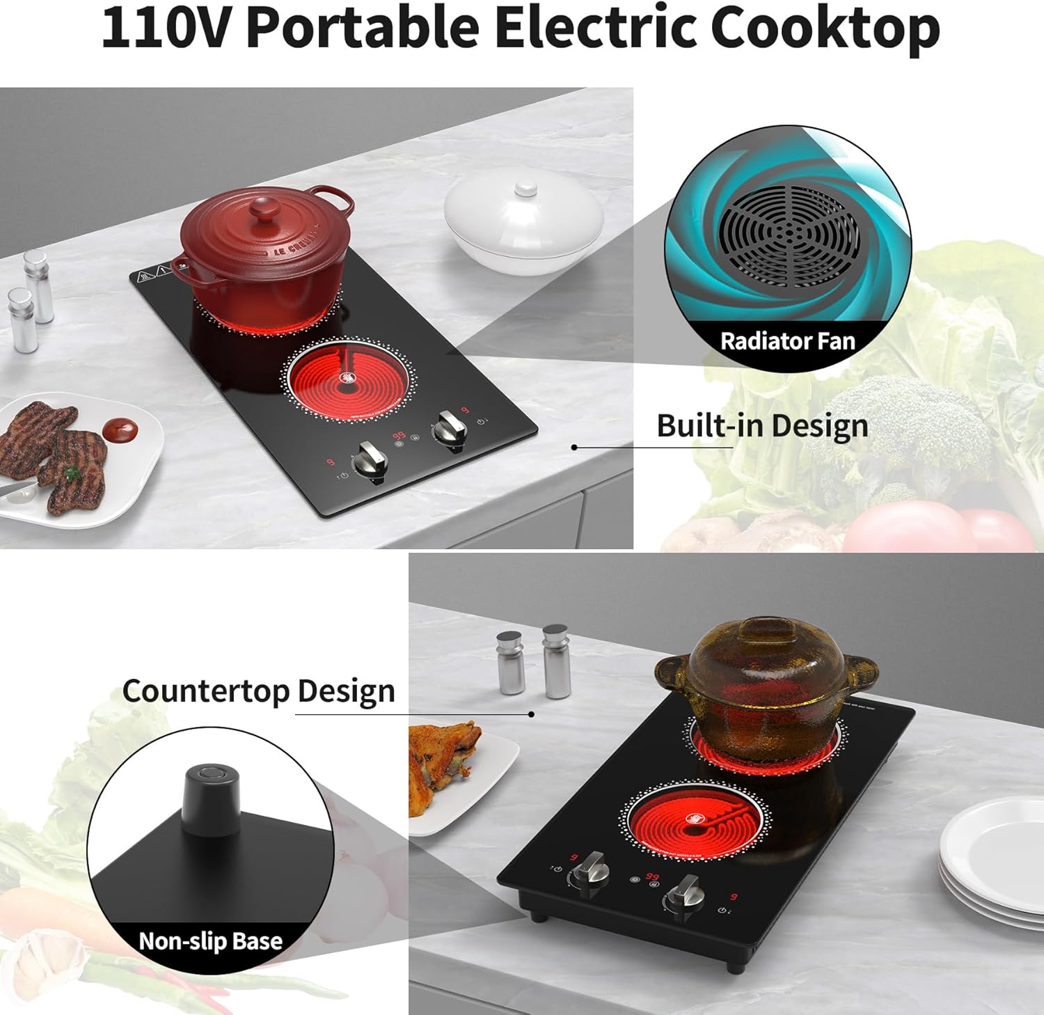 2 Burner Electric Cooktop - 12 Inch Electric Stove Top with Plug, 2100W Countertop Burners & Built-In Stove Top, 9 Levels of Power, Knob Control, Timer & Kid Safety Lock, Residual Heat Warning - Image 7