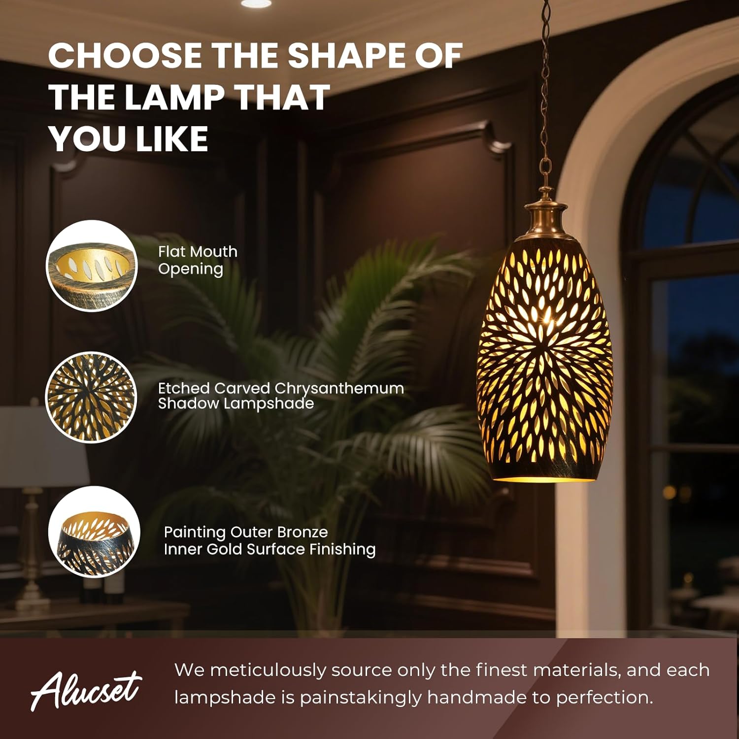 Pendant Light Shade Replacement, Metal Lampshade with 1-5/8" Fitter, 7.8" Height and 4.7" Diameter Etched Hollowed Lamp Shade, Antique Bronze Oval Shaped Cover for Chandelier Pendant Light Wall Lamp - Image 2