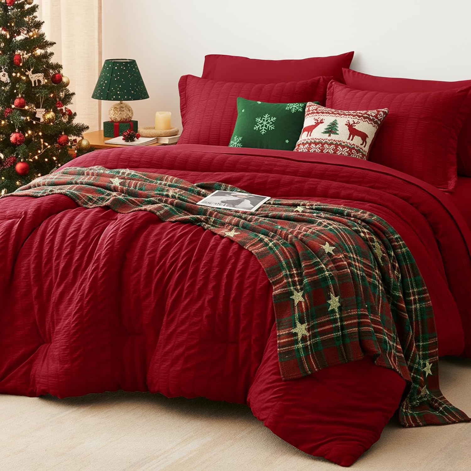 CozyLux Queen Comforter Set Dark Red Seersucker 7 Pieces Bed in a Bag Queen Comforter Set with Sheets, Luxury Soft Bedding Set with Down Alternative Comforter, Sheets, Pillowcases & Shams All Seasons