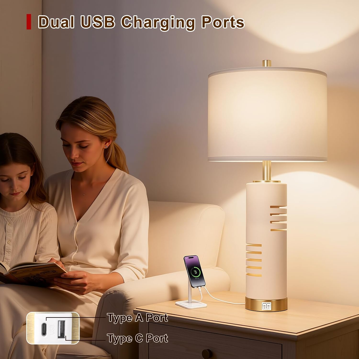 27.5" Faux Stone Table Lamps Set of 2 with Night Light, Farmhouse Lamps for Living Room with USB A+C Ports, Bedside Table Lamps with Linen Shade for Bedroom Nightstand Office (Bulb Included) - Image 4