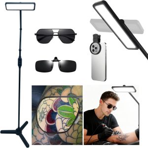 GBK Tattoo Work Lighting Floor Lamp Kit with Polarized LED Tattoo Light,Tattoo Vision Glasses,CPL Filter,Adjustable Brightness - Anti Glare for Tattoo Artists, Eyelash Extensions & Nail Art
