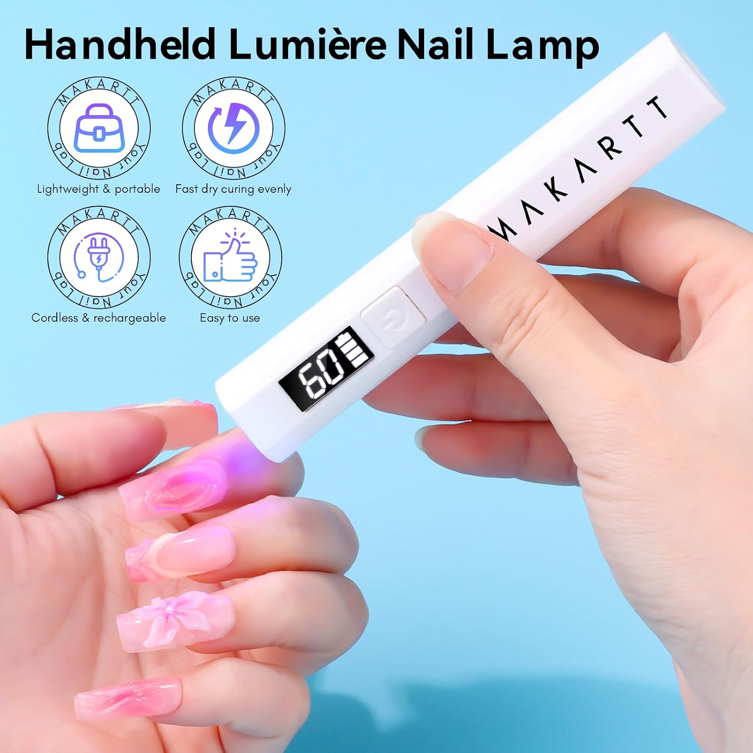 Makartt UV Light for Gel Nails: Handheld Mini Flash Cure Lamp Portable Lumière Nail Dryer for Curing Gel Polish Nail Glue Rechargeable USB Nail Light with LCD 2 Timer for Fast Drying Home Salon Use - Image 2
