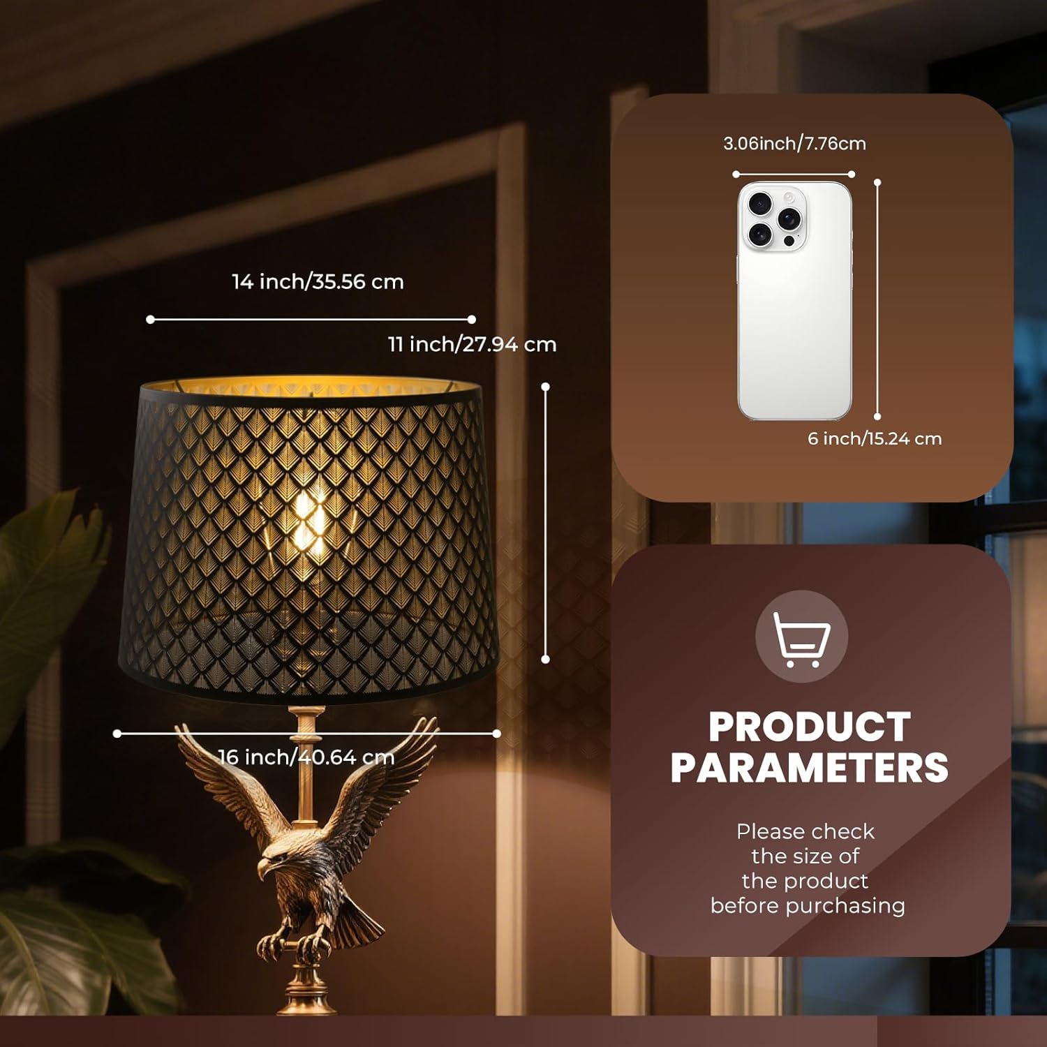 ALUCSET Drum Lampshade 14" Top x 16" Bottom x 11" High (Spider) Large Lamp Shade Replacement for Table Lamps and Floor Lamp Modern Lamp Shades, Black and Gold Lampshades with Etched Arrow Pattern - Image 3