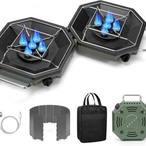 Camping Stove Propane Two Burner, 34000BTU Foldable Camp Stove Gas Propane Burners for Outdoor Cooking, Portable Stoves Gas Burners with Windsheild, Carrying Bag, Grates, Regulator