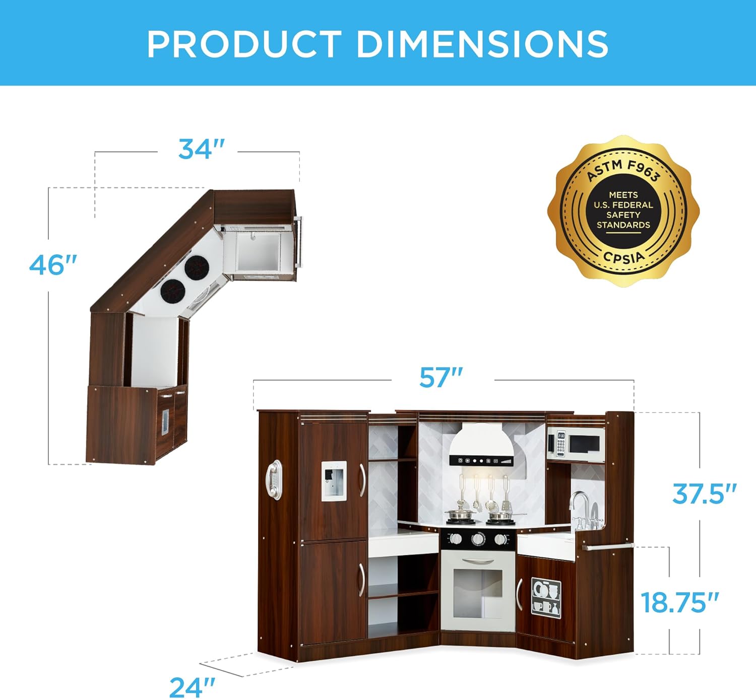 Best Choice Products Pretend Play Corner Kitchen, Ultimate Interactive Wooden Kids Playset w/Lights & Sounds, Ice Maker, Hood - Espresso - Image 9