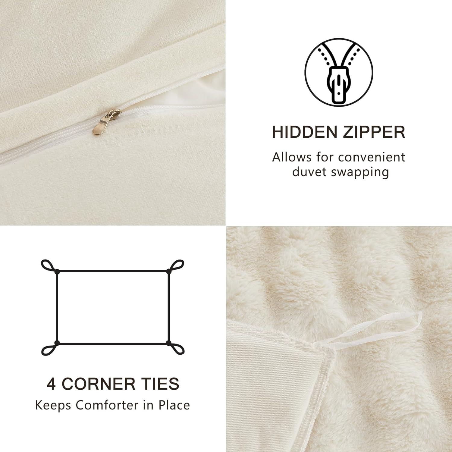 EMME Faux Fur Duvet Cover Queen Size, 3 Pieces Ultra Soft Fluffy Comforter Cover, Cozy Warm for Winter, Luxury Elegant Shaggy Bubble Design Bedding, 1 Duvet Cover & 2 Pillow Shams (Queen, Cream White) - Image 7