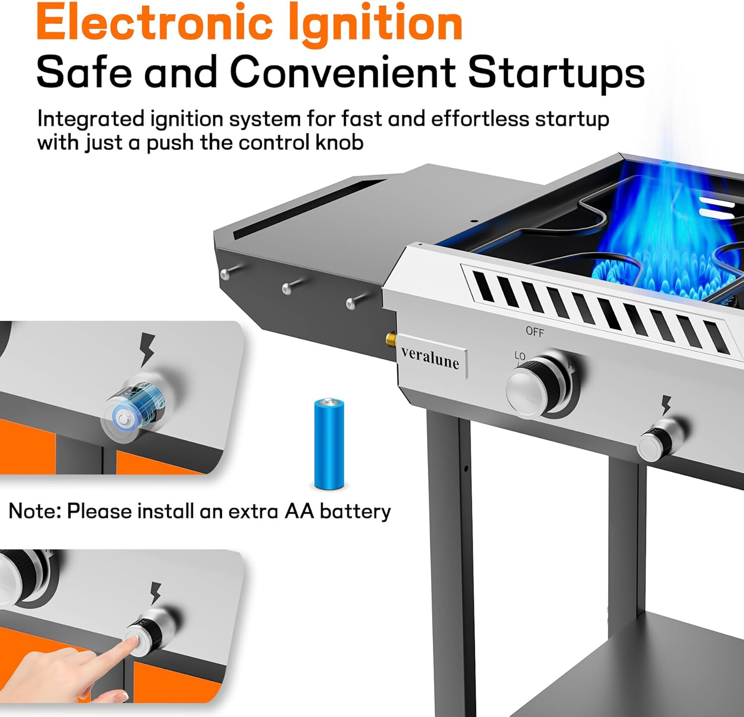 Veralune 3 Burner Propane Stove & Griddle with Ignition & Regulator, 225,000 BTU Powerful Portable Gas Griddle with Storage Shelf, Portable Wheels for Backyard Cooking BBQ Frying and Boiling - Image 5