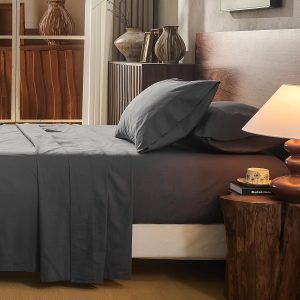 100% Linen Sheet Set Queen Size Extra Deep Pocket Fits 18-24 Inch Mattress, Breathable & Soft, Smooth 4-Piece Set for Thick Mattresses Hotel Luxury Bedding（Queen, Dark Grey）