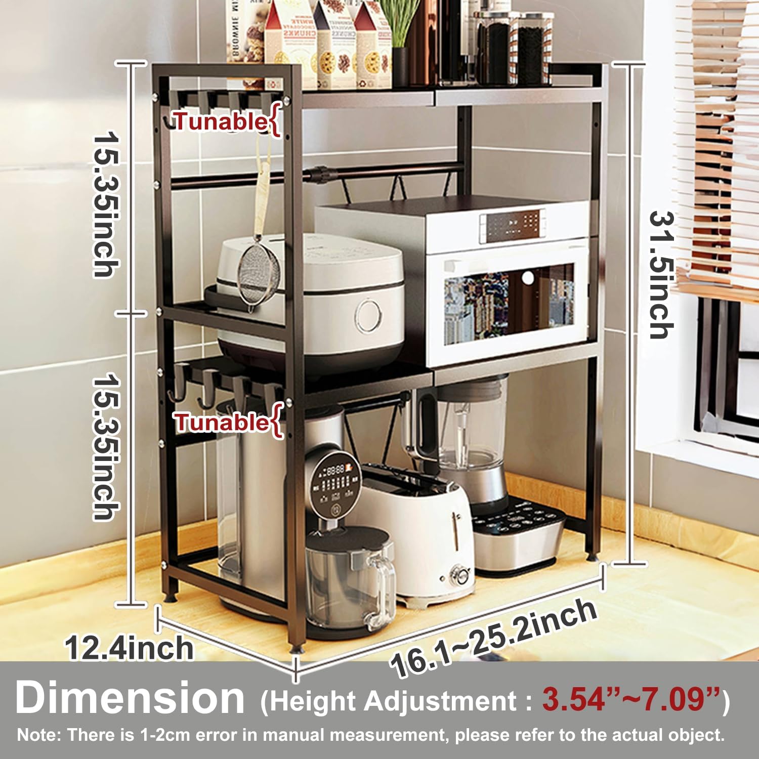 Expandable Microwave Stand Countertop, 3 Tier Heavy Duty Over Microwave Shelf Countertop with 8 Hooks,Height Adjustable Carbon Steel Microwave Oven Rack Shelf for Kitchen,Holds 132lb,Black - Image 2