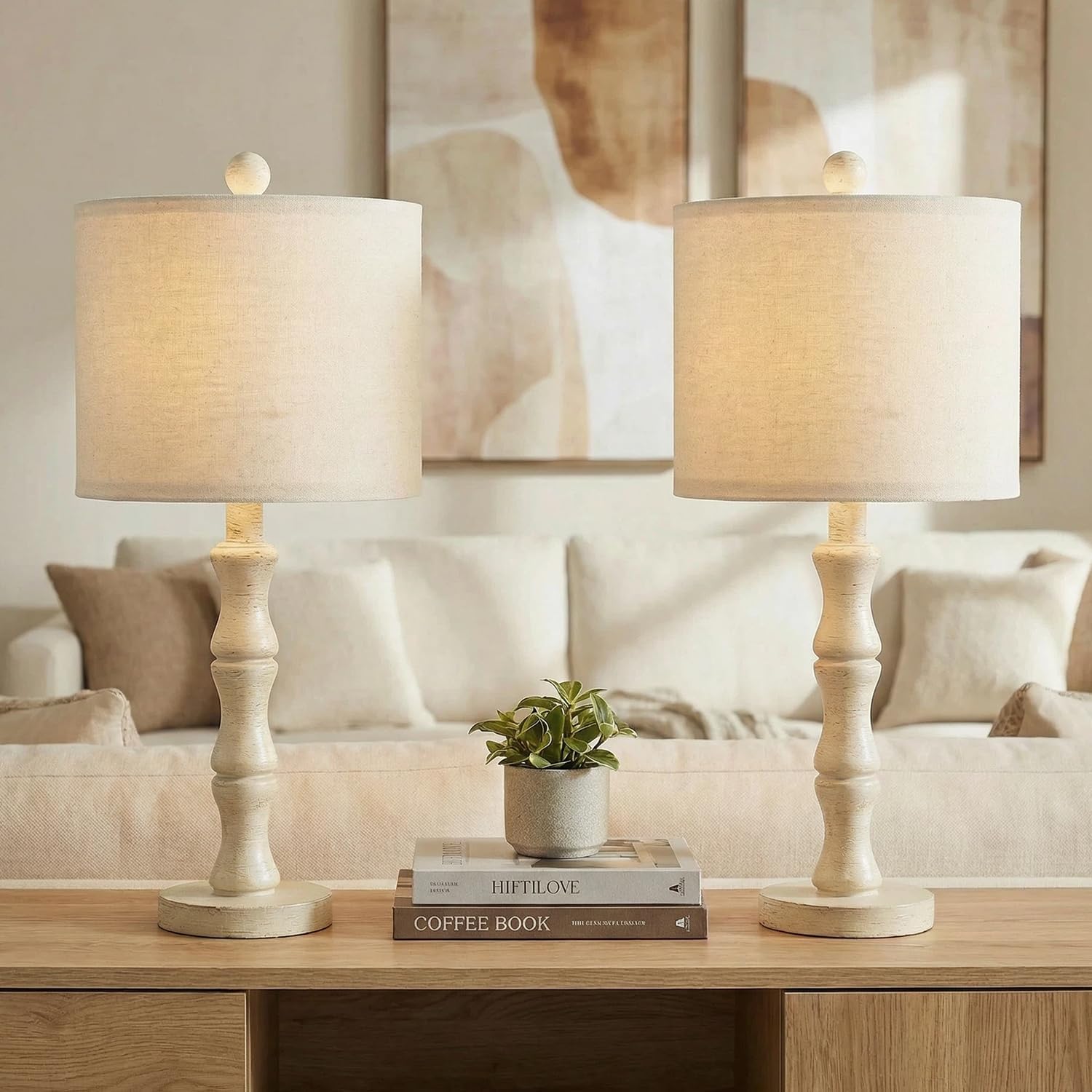 BOBOMOMO 20.5" Farmhouse Bedside Lamps Set of 2, Vintage Nightstand Lamps with Antique White Resin Base & Linen Shade, Small Table Lamps for Bedroom, Living Room, Nursery & Light Neutral Home Décor - Image 3