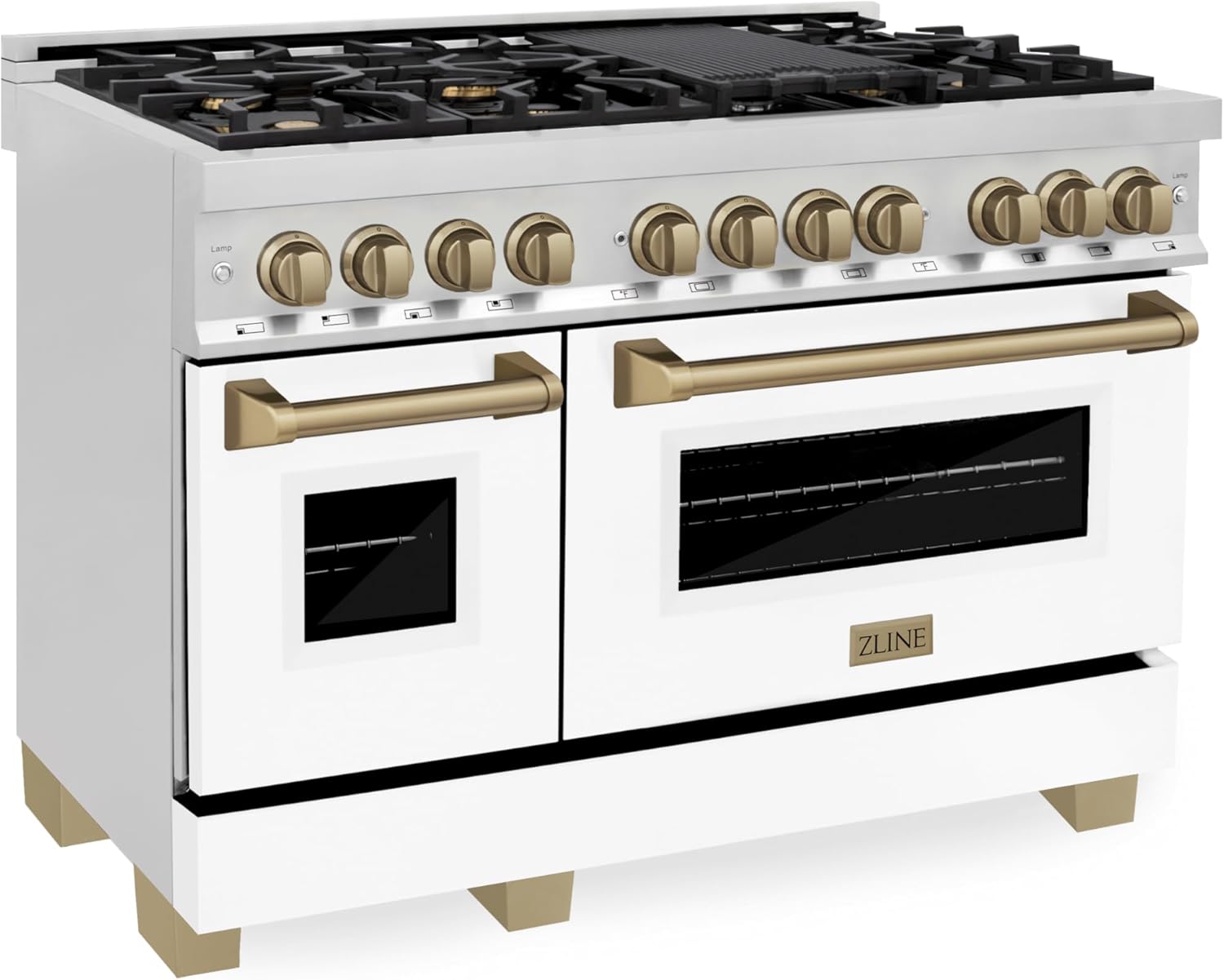 ZLINE Autograph Edition 48 in. 6.0 cu. ft. Legacy Dual Fuel Range with 7 Burner Gas Cooktop and 2 Electric Ovens in Stainless Steel with White Matte Doors and Champagne Bronze Accents (RAZ-WM-48-CB) - Image 2