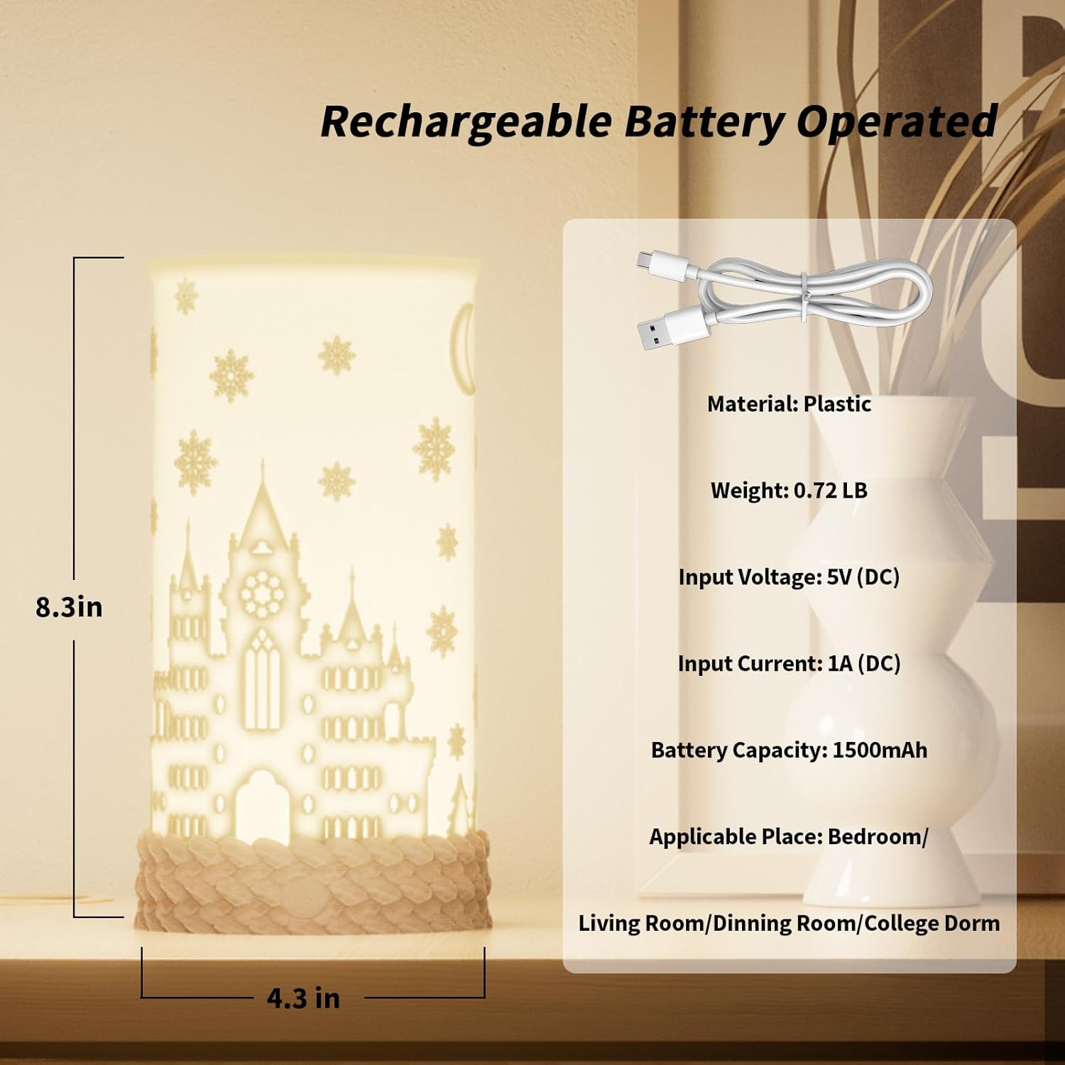 Touch Control Bedside Table Lamp for Christmas, 3 Color Temperatures Desk Lamp for Bedroom Nightstand, Rotatable Lampshade Rechargeable Ambience Lamp with USB C Charging - Image 6