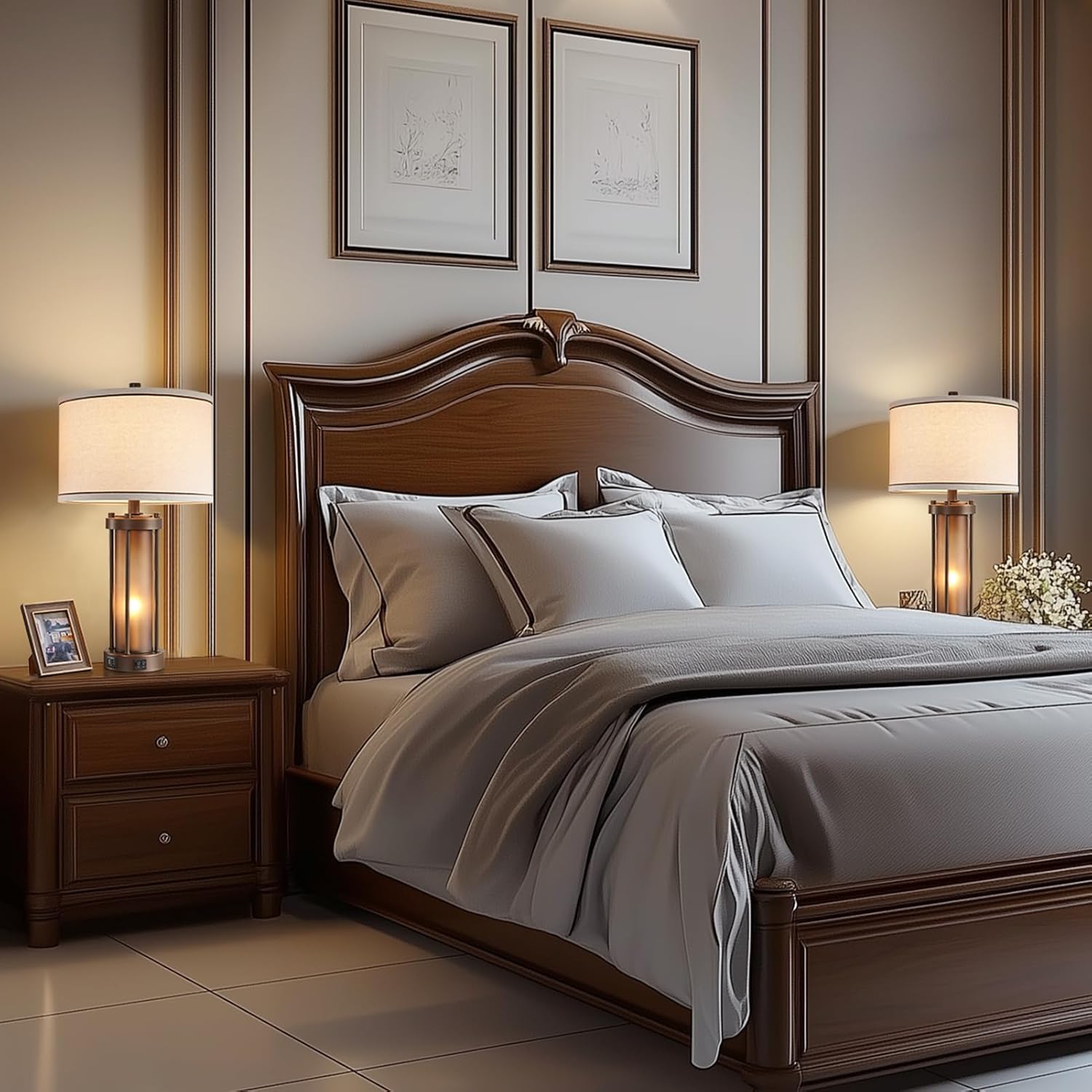 RORIA Farmhouse Table Lamps for Living Room with 2 USB Charging Ports, Vintage Rustic Nightstand Lamp with Amber Glass Nightlight, Retro Desk Lamp for Bedroom Entryway, 2 Bulbs Included - Image 4