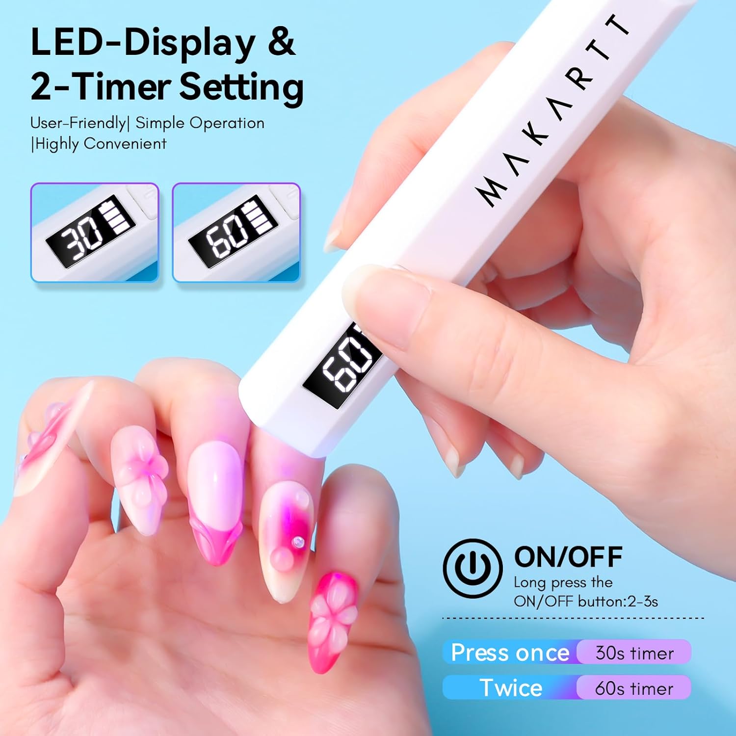 Makartt UV Light for Gel Nails: Handheld Mini Flash Cure Lamp Portable Lumière Nail Dryer for Curing Gel Polish Nail Glue Rechargeable USB Nail Light with LCD 2 Timer for Fast Drying Home Salon Use - Image 5