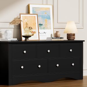 Flamaker Dresser for Bedroom, 5 Drawer Dresser, Wood Dressers, Wide Chest of Drawer, Storage Drawers, Storage Organizer for Closet, Hallway (Black)
