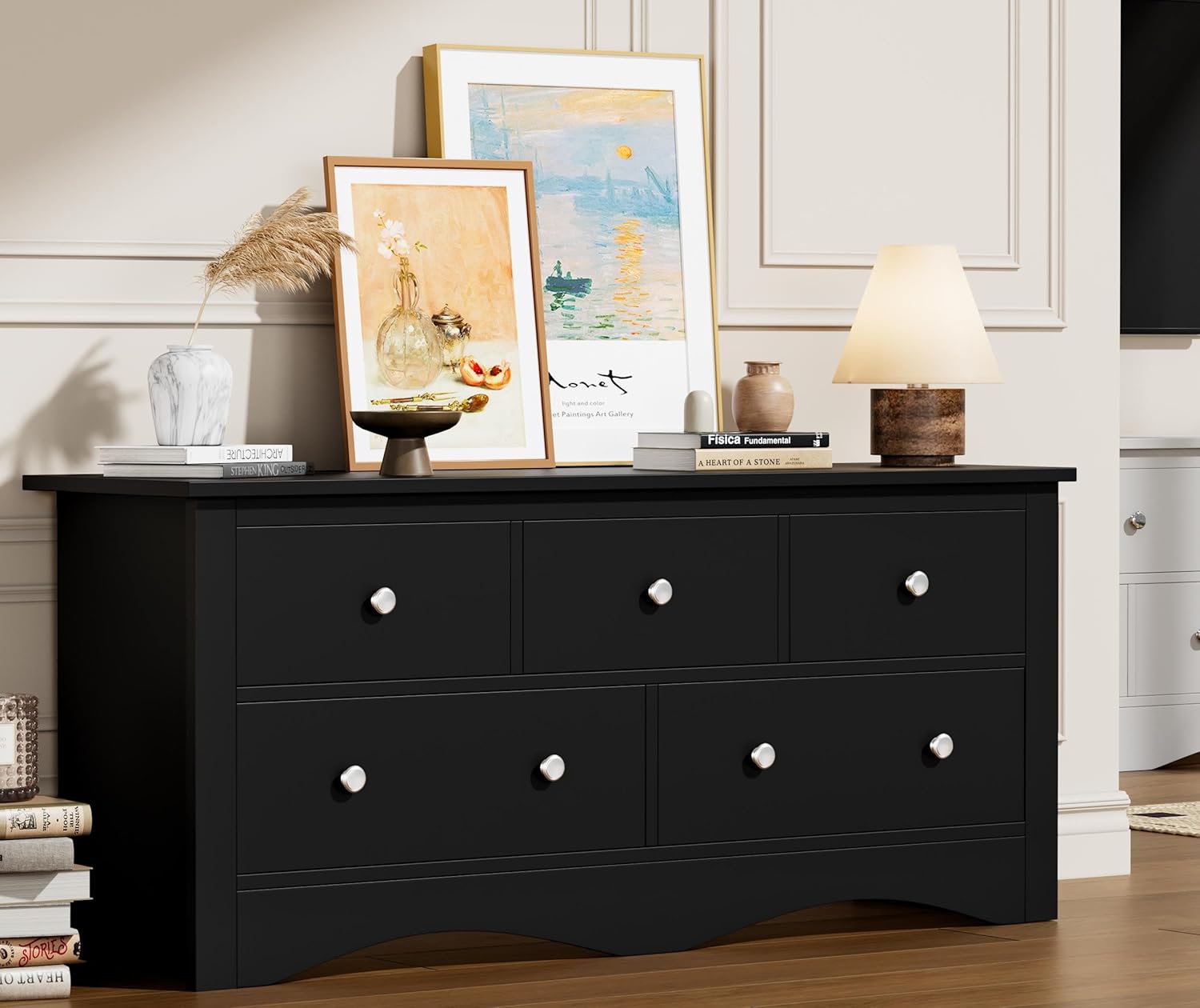 Flamaker Dresser for Bedroom, 5 Drawer Dresser, Wood Dressers, Wide Chest of Drawer, Storage Drawers, Storage Organizer for Closet, Hallway (Black)