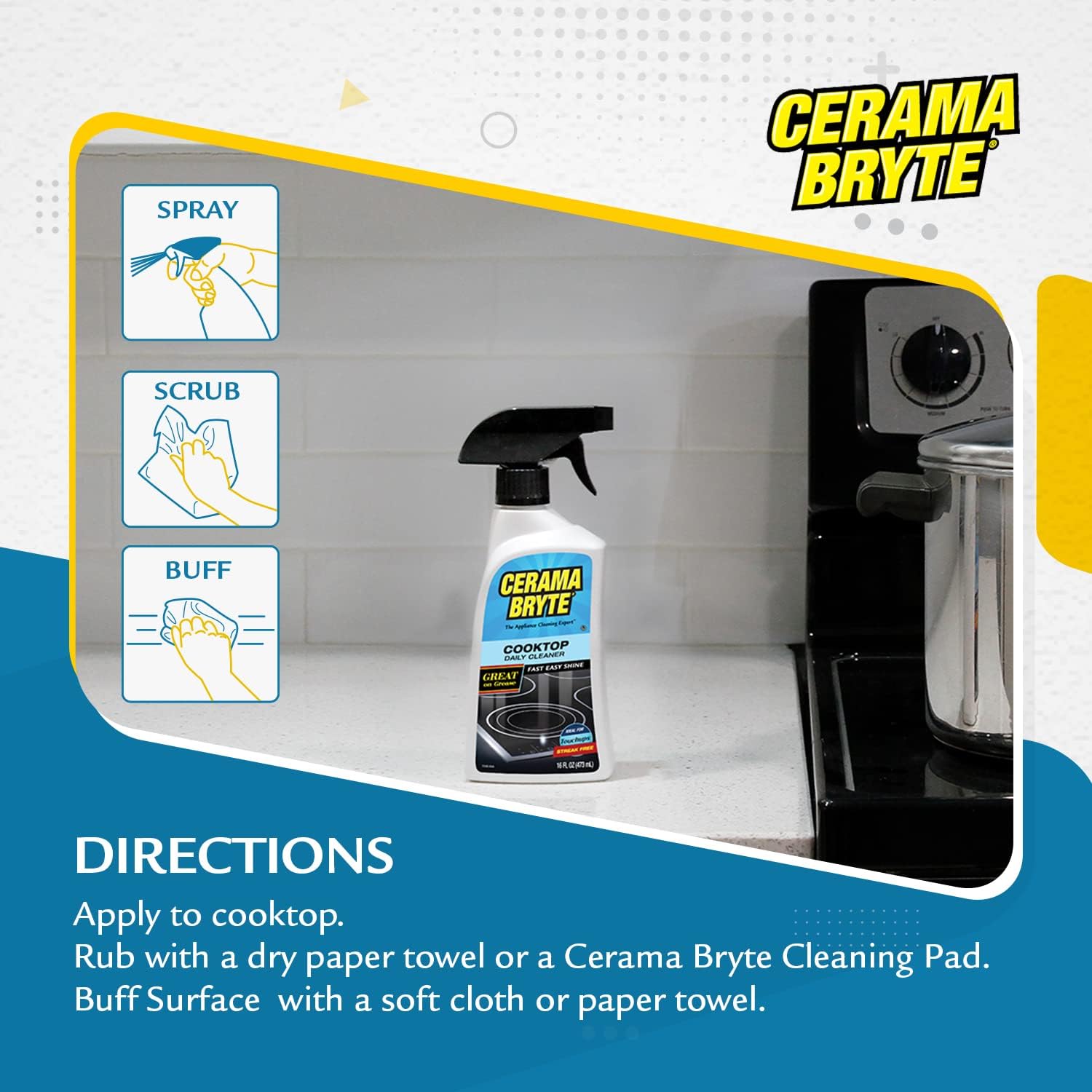 Cerama Bryte Daily Spray Cooktop and Stove Top Cleaner for Glass & Pads Combo Kit - Ceramic Surfaces, 16 Fluid Ounces, 4 Piece Set - Image 3