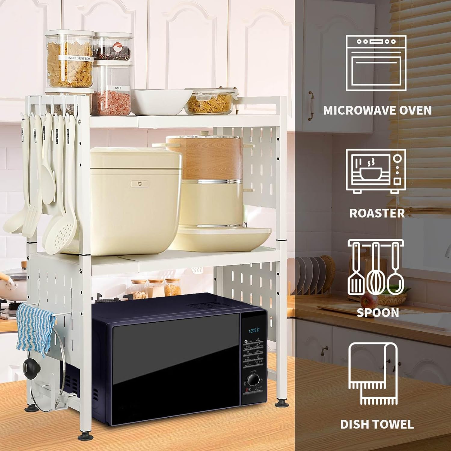 Expandable Microwave Stand Countertop, 3 Tier Heavy Duty Over Microwave Shelf Countertop with 4 Hooks, Height Adjustable Metal Microwave Oven Rack Shelf for Kitchen Tabletop,Holds 160lb,White - Image 4
