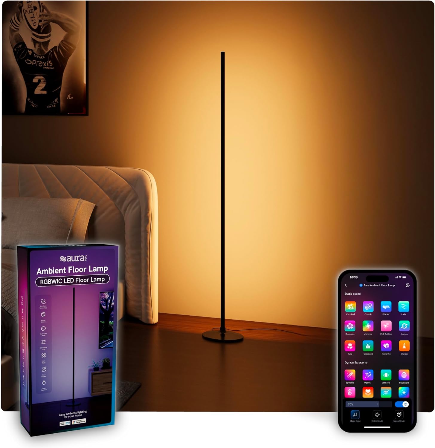 Aura RGBICW Floor Lamp, Ambient Lighting LED Corner Light App & Voice Control with Music Sync 1000 Lumen 4-Billion Colors, 90+ CRI, Preset & Custom Colors & Scenes, Modern Floor Lamps for Living Room