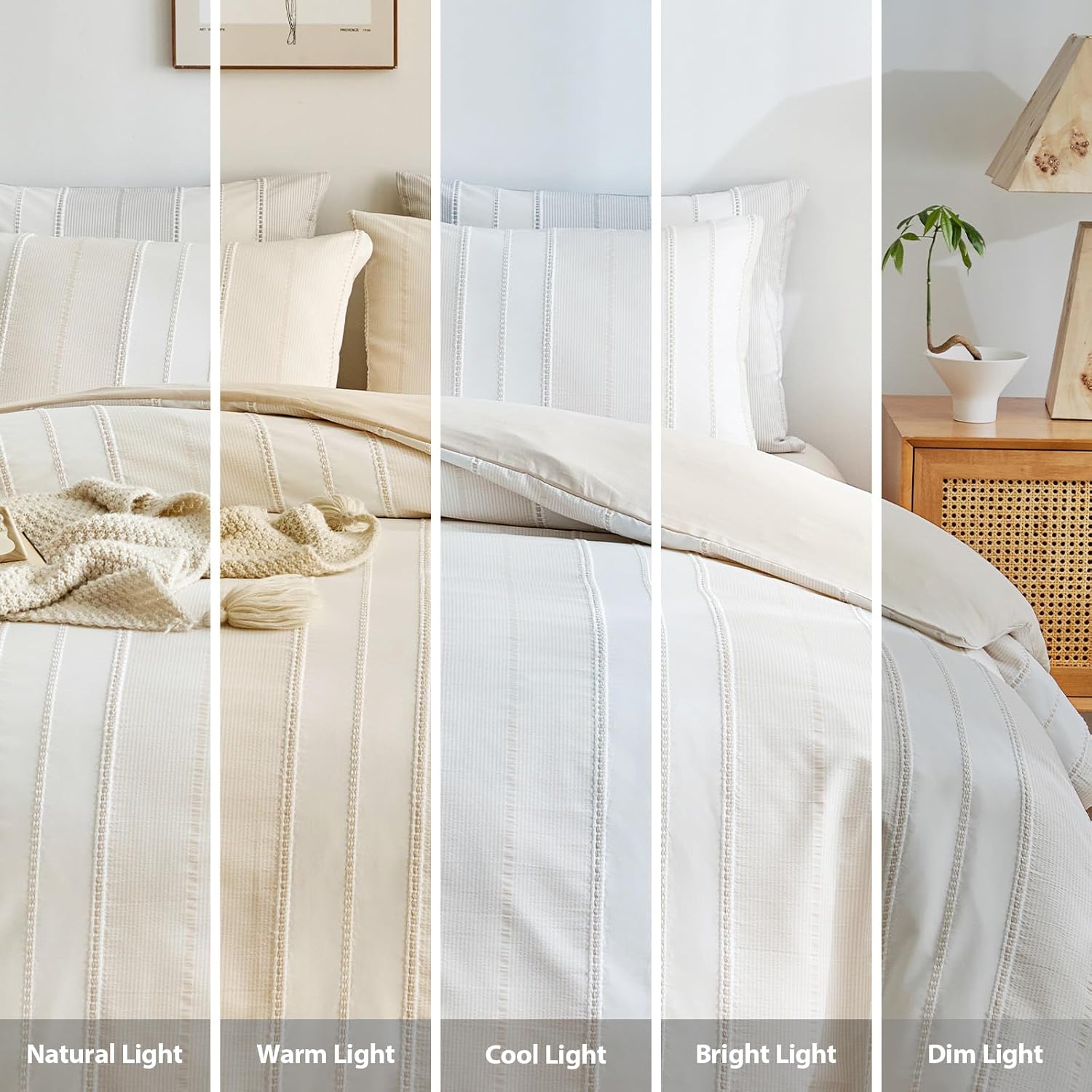 WARMDERN Khaki Striped Weave Duvet Cover Queen Size, White Knit Boho Duvet Cover Set, Microfiber Textured Bedding Set with Zipper Closure and Corner Ties (Khaki, Queen) - Image 8
