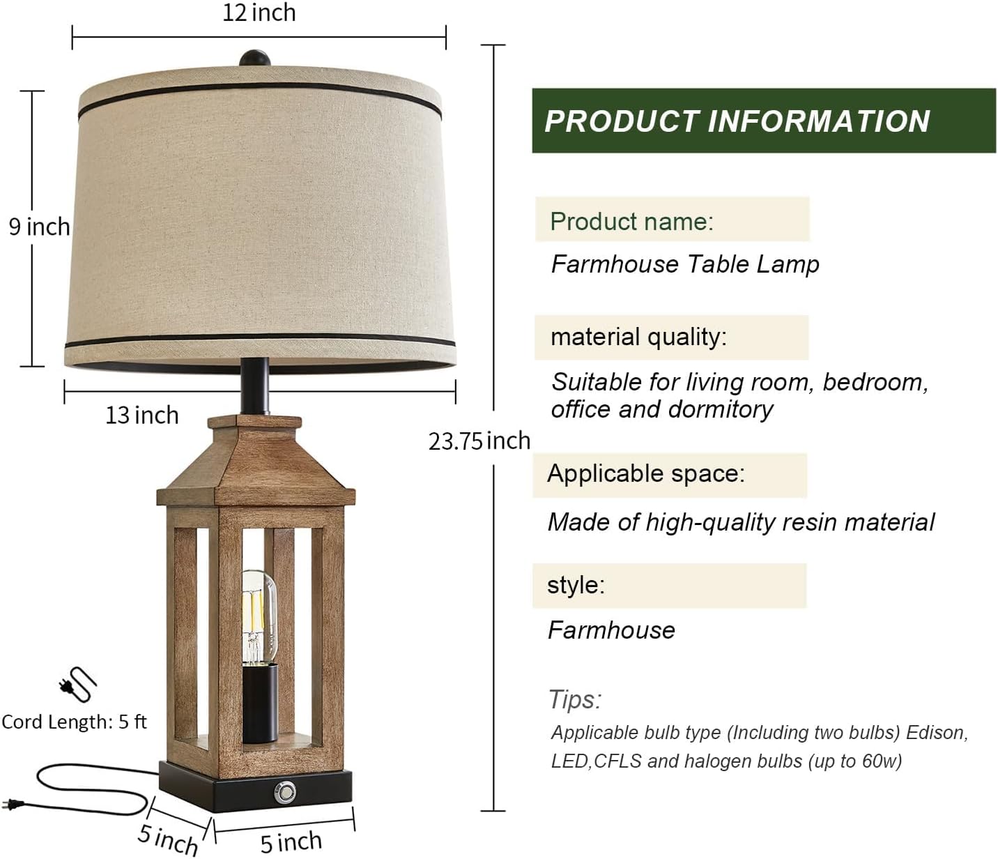 23.75" Farmhouse Table Lamps USB A+C Charging Ports 3-Way Dimmable Touch Control Lamp Nightlight Vintage Modern Lamp for Living Room Bedroom with 2 Light Sources - Image 7