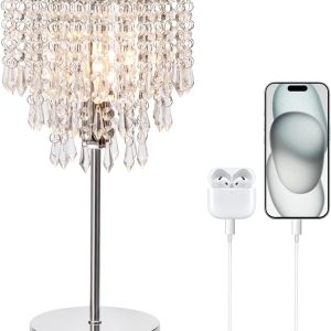 Touch Control Crystal Table Lamp with USB C+A Charging Ports, 3-Way Dimmable Bedside Touch Lamp Decorative Nightstand Lamp with Elegant Lampshade for Living Room Bedroom, B11 LED Bulb Included