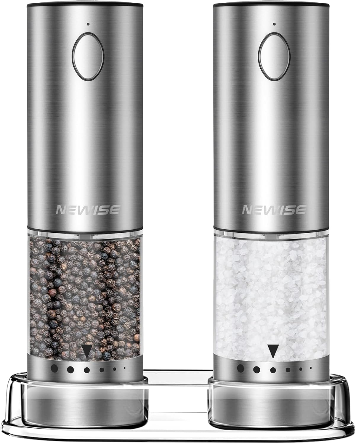 Electric Salt and Pepper Grinder Set – Christmas Kitchen Gift, Rechargeable with LED Lights, Stainless Steel Automatic Mill, Adjustable Coarseness, Large Capacity, Silver