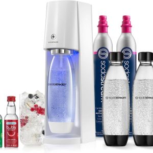 SodaStream E-TERRA Sparkling Water Maker Bundle (White), with CO2, Carbonating Bottles, and bubly Drops Flavors