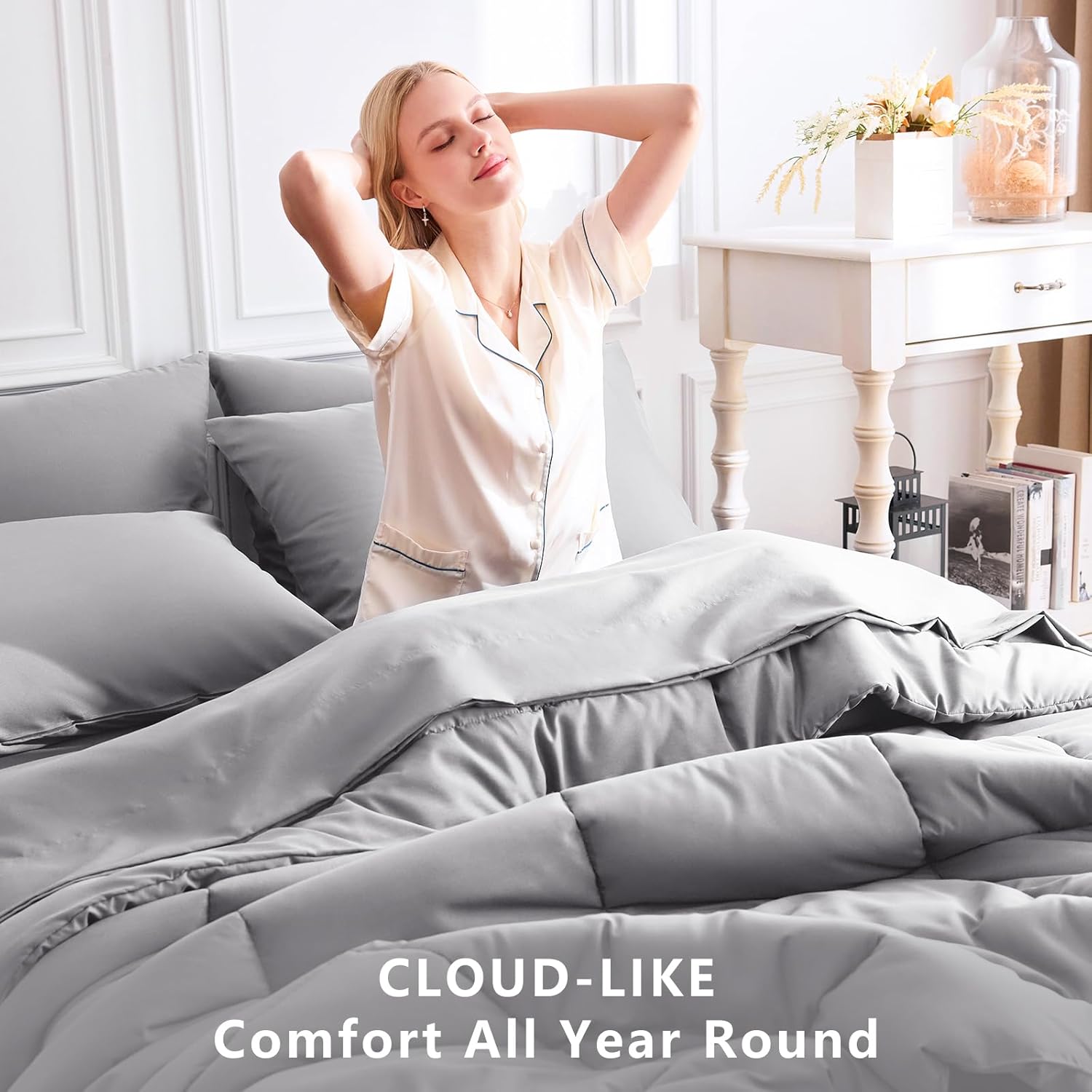 CozyLux Queen Comforter Set Grey, 7 Pieces Bed in a Bag, Gray Comforter Queen Size, All Season Bedding Sets with Stitch Quilted Comforter, Flat Sheet, Fitted Sheet, Pillowcases - Image 4