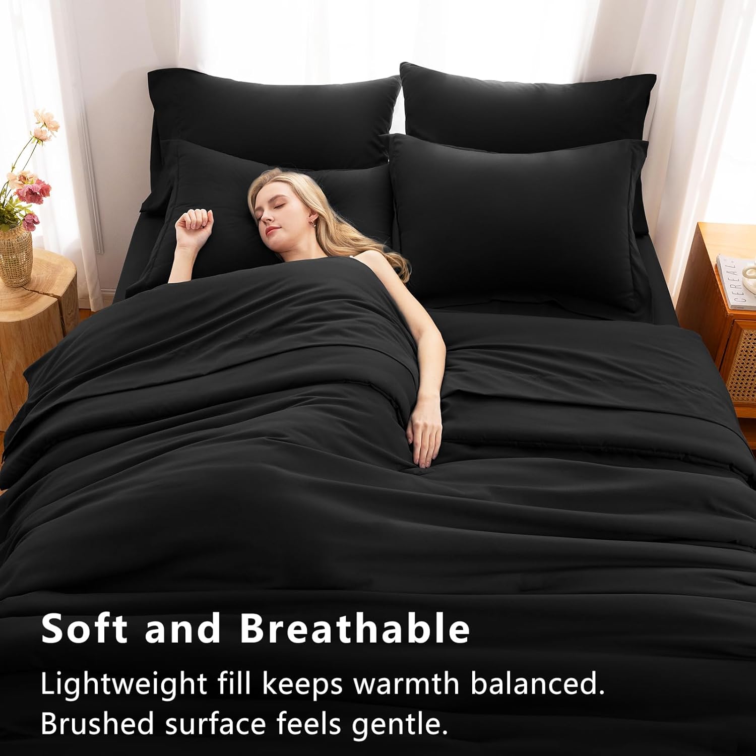 CozyLux Queen Comforter Set Black, 7 Pieces Bed in a Bag Soft Bedding Comforter Set with Sheets, All Season Boho 7PC Bed Sets with Comforter, Fitted Sheets, Flat Sheets, Pillow Shams and Pillowcases - Image 5