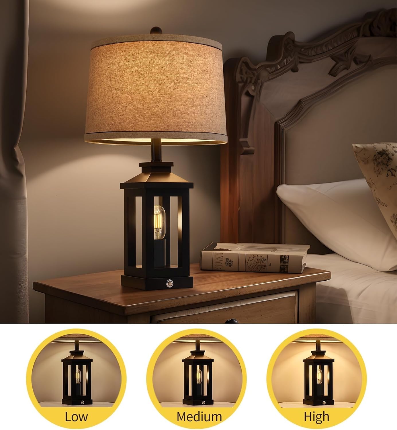 23.75" Retro Farmhouse Black Table Lamp for Living Room Bedroom Nightstand Set of 2 Touch Control Bedside Nightlight Vintage Modern Lamp with USB C+A Ports and 2 Light Sources - Image 6